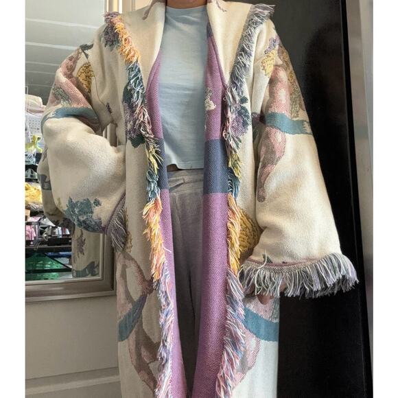 Vintage All in the Bag Coat tapestry blanket fringe 90s cherub open front quirky - Picture 10 of 10